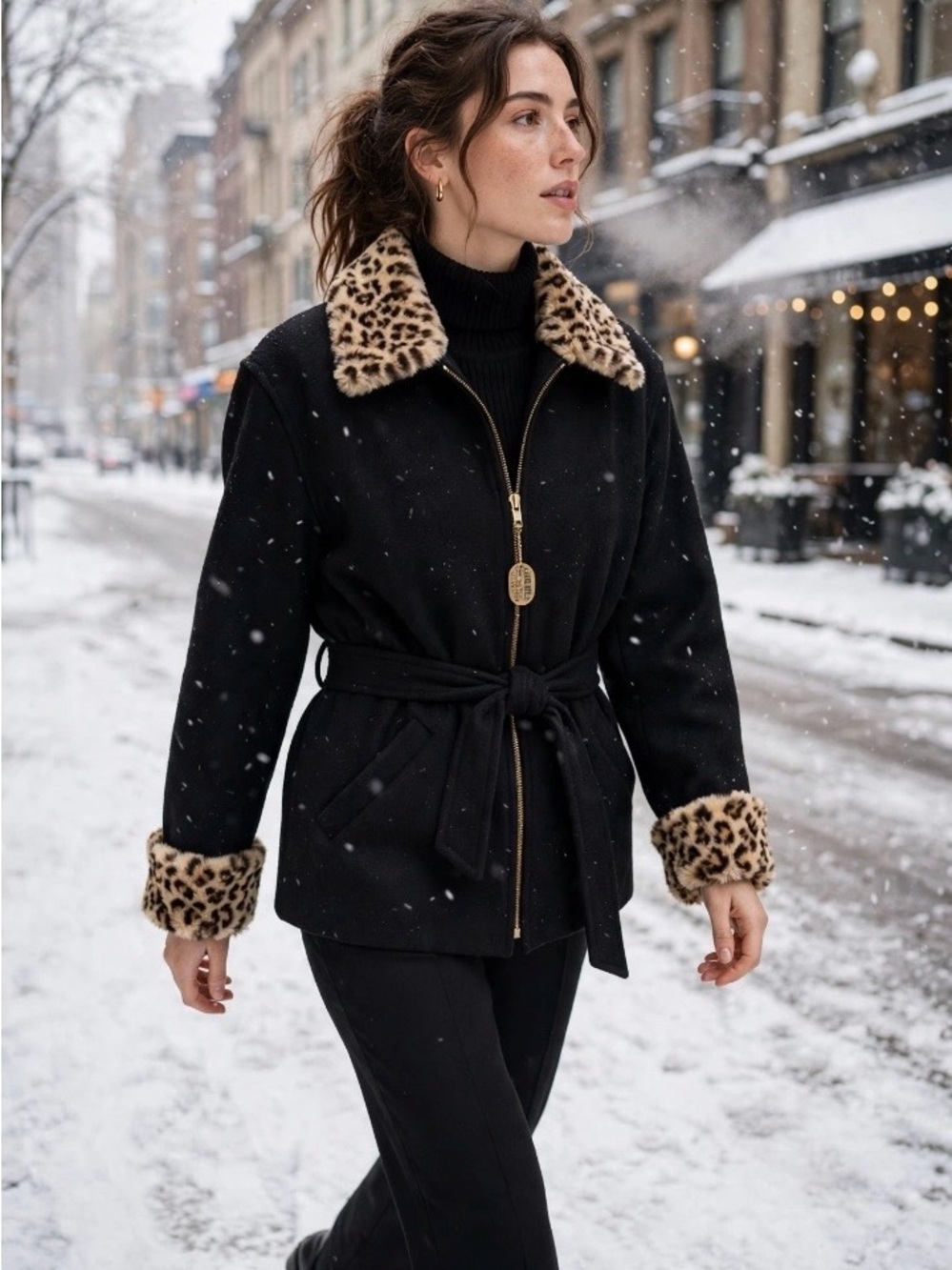 Vintage Jason Kole Black Wool-Blend Jacket with Leopard Trim Sz. S
